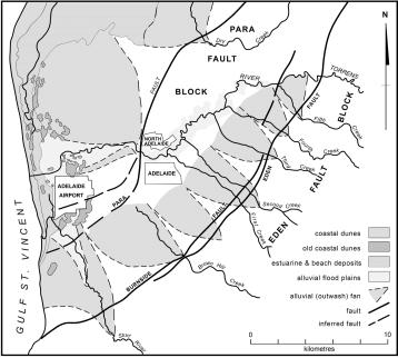 Fig 1. Adelaide Plains and western slopes of Mount Lofty Ranges, including diagrammatic representation of alluvial fans associated with major streams (after Aitchison et al. 1954; Twidale 1976).