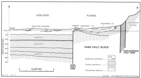Fig 3. Simplified cross-section from Grange eastwards to Mt Lofty Ranges showing effects of faulting on topography of Adelaide region. The hardest and oldest rocks forming Mt Lofty Ranges and “basement” to Adelaide city are Precambrian Adelaidean System (after Selby & Lindsay 1982).