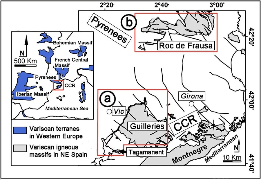 Figure 1. Field locations of albitized granites below the Triassic unconformity in Spain. (a) Guilleries Massif. (b) Roc de Frausa Massif. CCR: Catalan Coastal Ranges. From Fabrega et al. (2019).